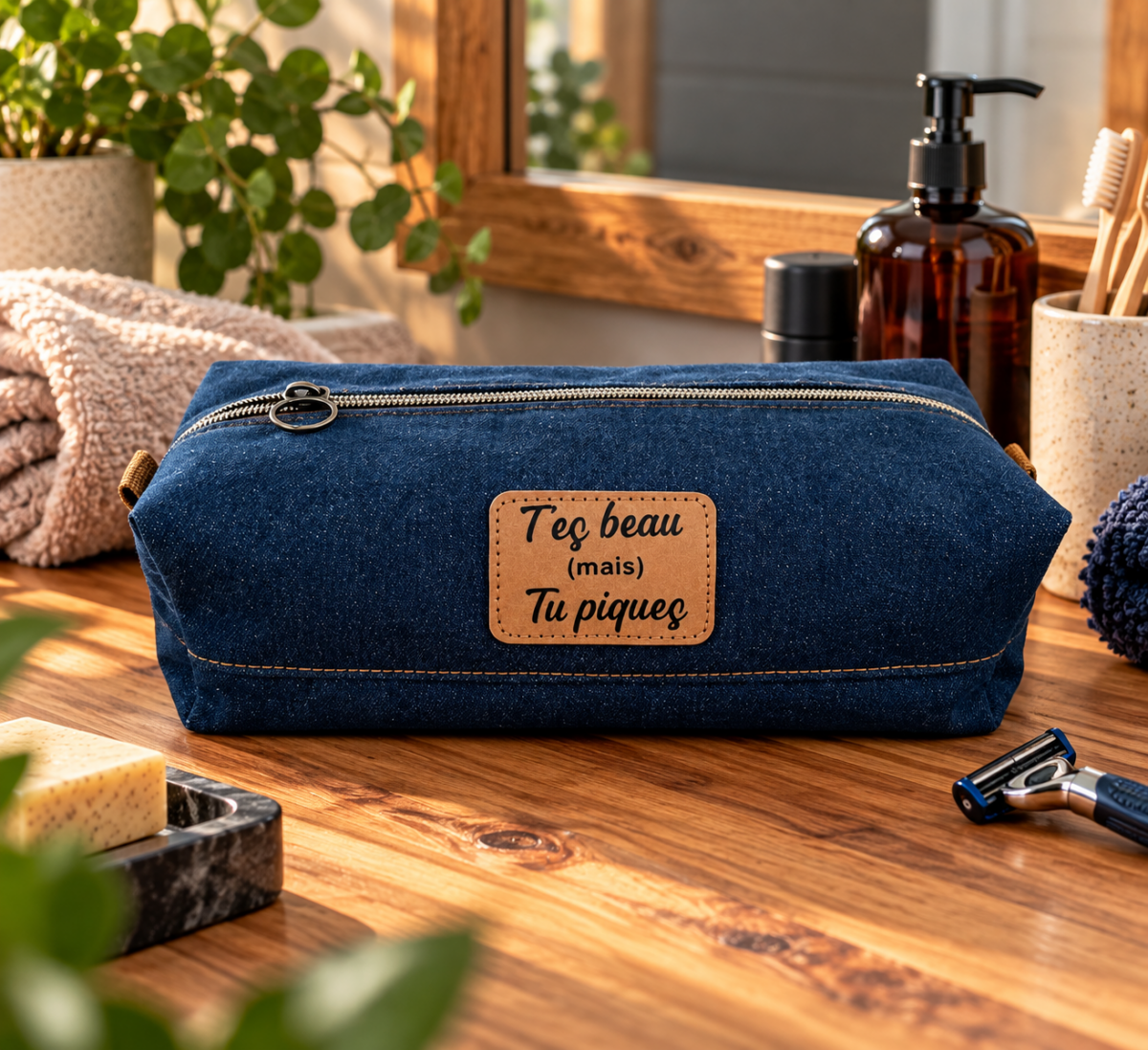 Trousse de toilette en jean personnalisée