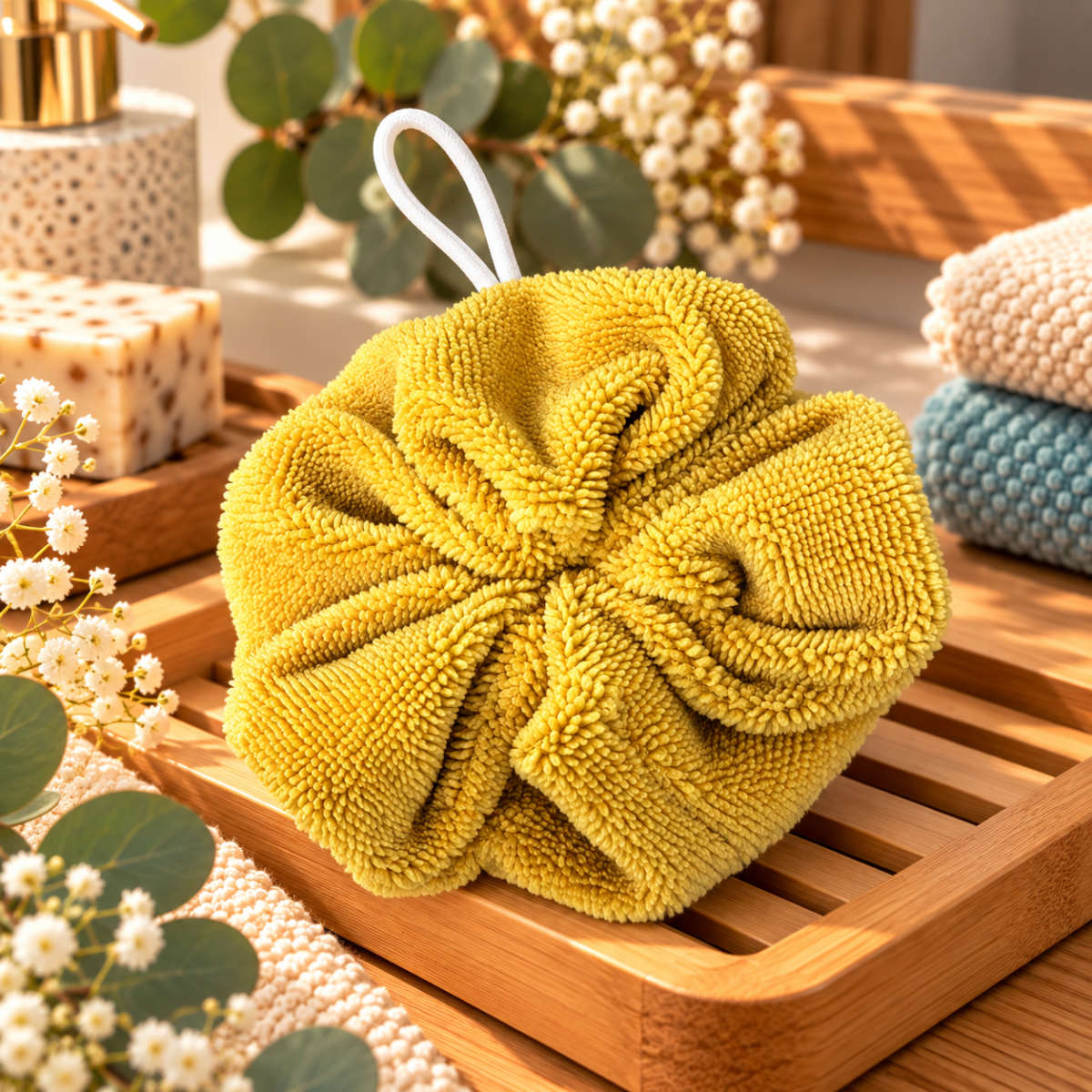 Fleur de douche en éponge de bambou – Image 7