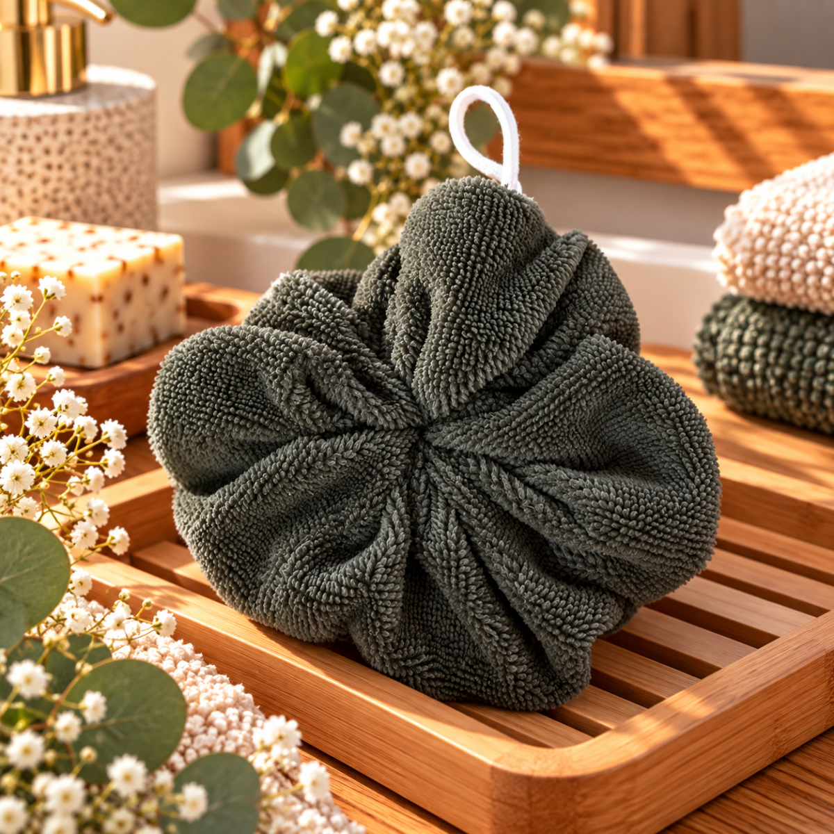 Fleur de douche en éponge de bambou – Image 3