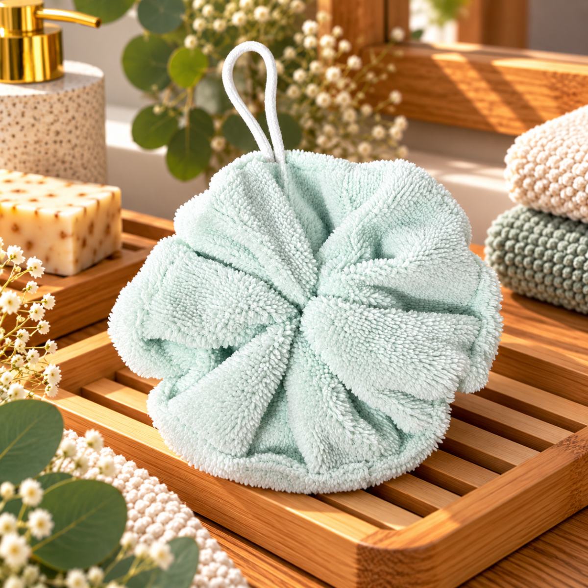Fleur de douche en éponge de bambou – Image 2